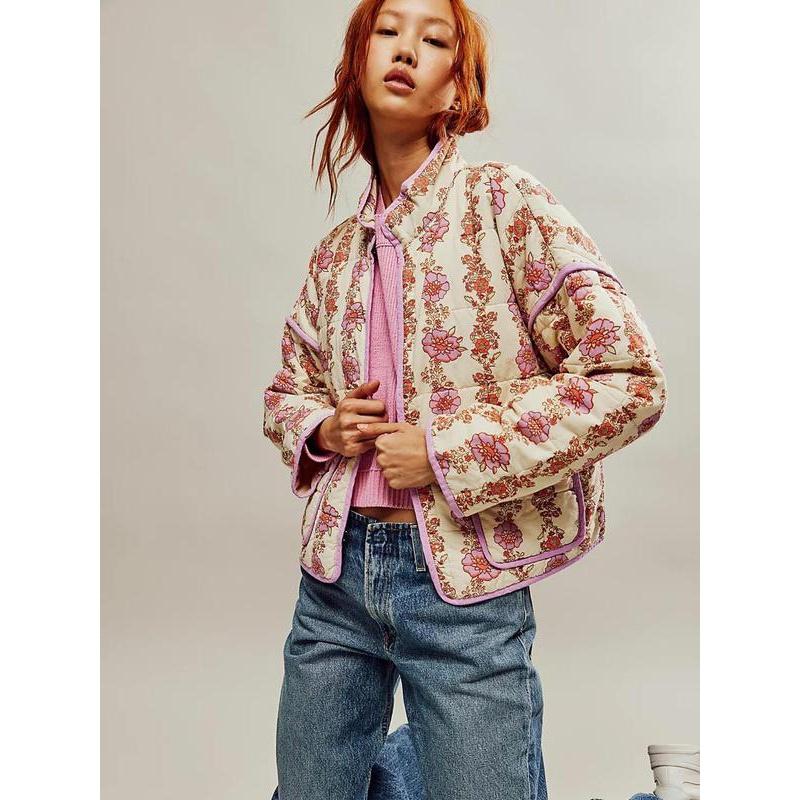 Women's Ditsy Floral Print Drop Shoulder Winter Coat, Casual Long Sleeve Pocket Outerwear for Fall & Winter, Winter Clothes Women, Ladies Clothes for Daily Wear, Downtown Girl Clothes Womenswear Jackets Womenswear Jackets Womenswear Jackets